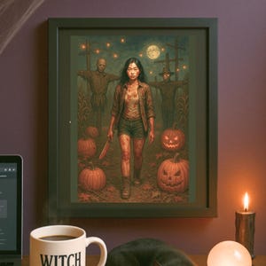 以下が含まれることがあります： ハロウィーンをテーマにした額入りのプリントには、カボチャとカカシがいるトウモロコシ畑にいる女性が描かれています。「WITCH PLEASE」という文字が入った白いマグカップが、眠っている黒猫の隣にあります。 燃えているろうそくとクリスタルボールも木製の表面にあります。