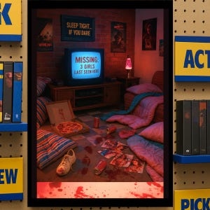 Stampa artistica slasher anni &#39;80: scena di pigiama party horror retrò (download digitale)