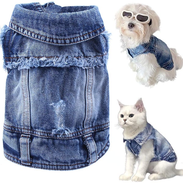 Pet Dog Cat Blue Denim Jeans Jacket Coat Vest