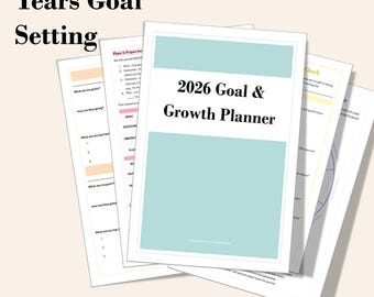 May include: A stack of planner pages with the text "2026 Goal & Growth Planner" on the cover. The pages are white with pastel accents and include prompts for goal setting. The image also includes the text "Review your last year, Refocus yourself, Set your goals, Make them happen!"