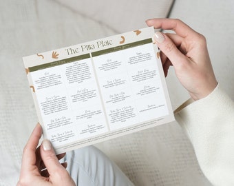May include: A printable guide to The Pitta Plate, a dietary plan that includes food recommendations for different food groups, such as fruit, vegetables, grains, and dairy. The guide is printed on a white background with brown and green accents.