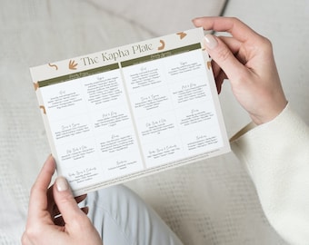 May include: A printable guide called "The Kapha Plate" with a list of foods to eat for each day of the week. The guide is divided into categories: Fruit, Veggies, Meat & Dairy, Grains & Legumes, Nuts & Seeds, and Healthy Fats & Oils.