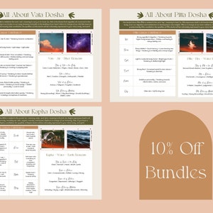 May include: A digital infographic about the three doshas in Ayurveda: Vata, Pitta, and Kapha. Each dosha is represented by a table with characteristics, elements, and images. The infographic also includes a 10% off bundles offer.