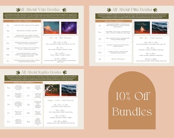 May include: A digital infographic about the three doshas in Ayurveda: Vata, Pitta, and Kapha. Each dosha is represented by a table with characteristics, elements, and images. The infographic also includes a 10% off bundles offer.