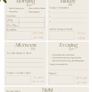 May include: A printable daily planner with a beige background and brown text. The planner is divided into sections for morning, midday, afternoon, evening, and night. Each section includes a list of activities, tasks, and prompts for reflection. The planner is designed to help people create a daily routine that supports their physical, mental, and spiritual well-being.