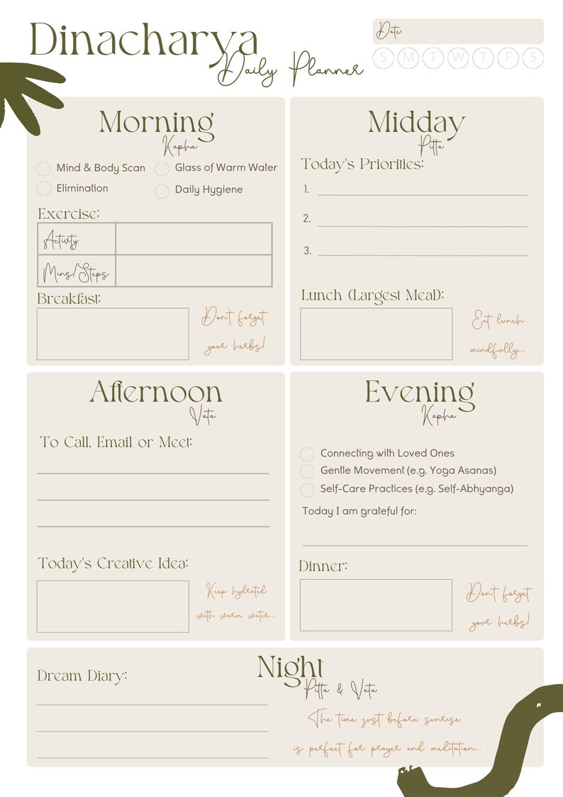 May include: A printable daily planner with a beige background and brown text. The planner is divided into sections for morning, midday, afternoon, evening, and night. Each section includes a list of activities, tasks, and prompts for reflection. The planner is designed to help people create a daily routine that supports their physical, mental, and spiritual well-being.