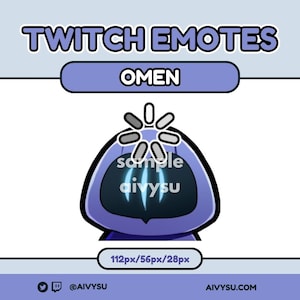 Puede incluir: Emote morado de Twitch de Omen de Valorant con un icono de carga giratorio sobre su cabeza. El emote mide 112px por 56px por 28px.