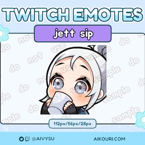 May include: A digital illustration of a cartoon character with white hair, blue eyes, and a light blue shirt, drinking from a white mug. The text "jett sip" is in a purple box above the character. The text "112px/56px/28px" is below the character.