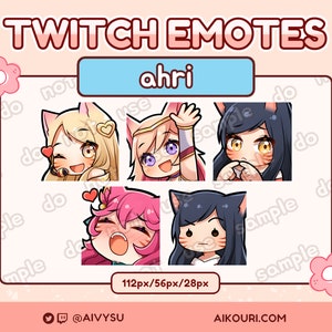 May include: Set of four Twitch emotes featuring a cartoon character with different expressions. The character has pink hair, blue eyes, and cat ears. The emotes are in various sizes, including 112px, 56px, and 28px. The text "ahri" is displayed above the emotes.