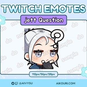 May include: A cartoon illustration of a female character with white hair, blue eyes, and a questioning expression. She is wearing a blue jacket and has a question mark above her head. The text "Jett Question" is above the image. The image is 112 pixels wide by 56 pixels high.