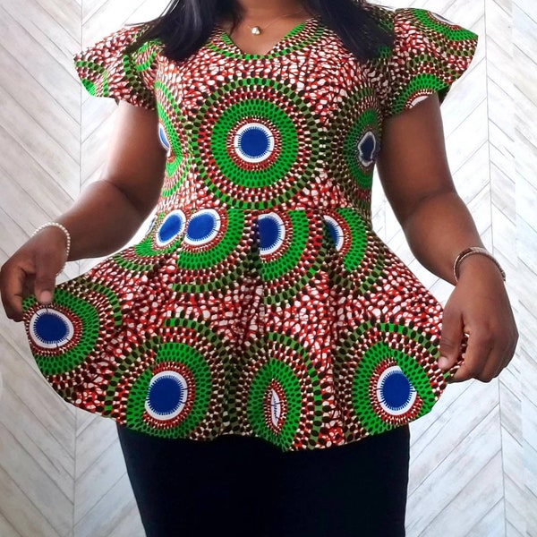 Haut peplum imprimé africain, haut Ankara, haut imprimé africain, haut évasé, vêtements pour femmes, haut peplum, hauts africains pour femmes