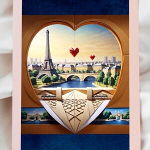Digitales Paris Gefaltetes Papier Origami Herz Romantische Karte | Digital bearbeiteter Verbund von Bildern in Paris | Druckbare Download