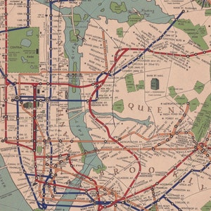 Pôster com impressão digital do mapa do metrô da cidade de Nova York vintage — aprimorado digitalmente, alta resolução (300 DPI), pano de fundo, download digital, para impressão