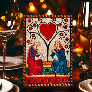 Tarjeta de amor medieval digital / Manuscrito iluminado restaurado del Códice Manesse / Saludo imprimible para aniversario, cumpleaños y romance