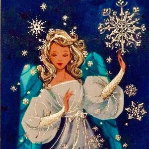1950s Vintage Schnee-Engel-Prinzessin Weihnachtskarte digital restauriert | Funkelndes weißes Kleid | Blauer Hintergrund | Schneeflocken | Druckbare Download