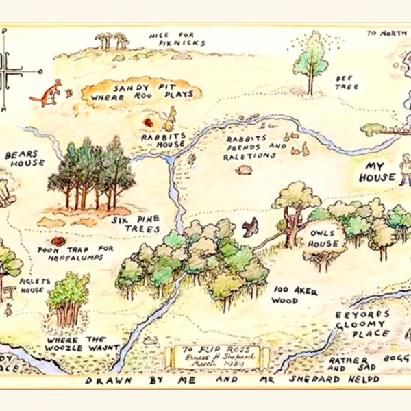 Winnie the Pooh Colorized Original Map Print —Digitally Enhanced from Original 1926 First Edition, One Hundred Acre Wood Backdrop, Printable