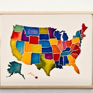 Mapa colorido vintage dos Estados Unidos da América com impressão digital pintada, cores do arco-íris, pôster de geografia aprimorado digitalmente, download para impressão