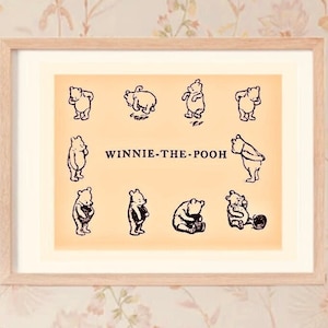 Winnie the Pooh Composite Digital Print of Drawings from the Original 1926 Book, Nursery, Elementary Classroom Poster, Wall Art, Library