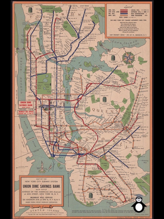 Vintage New York City Subway Map Digital Print Poster