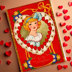 Carte numérique vierge pour la Saint-Valentin pour petite fille des années 30 | Fille blonde avec noeud | à ma Saint-Valentin | Restauré et amélioré | Téléchargement imprimable