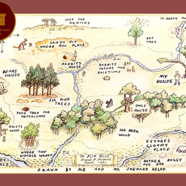 Winnie the Pooh by A.A. Milne 100 Acre Wood Map from Original 1926 Edition Colorized and Digitally Remastered Poster Print, Instant Download