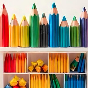 May include: A set of colorful pencils arranged in a white shelf unit. The pencils are organized by color, with red, orange, yellow, green, blue, and purple pencils in separate compartments. The pencils are all sharpened and ready to use.