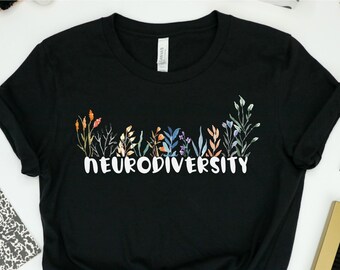 May include: Black t-shirt with a white graphic of colorful flowers and the text "Neurodiversity".