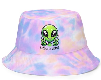 Rave Hate, PLUR, Groovy Alien Bucket Hat - I Come In Peace, Tie-Dye Style, Festival Clothes, Rave clothes, EDM Rave Clothing Dubstep
