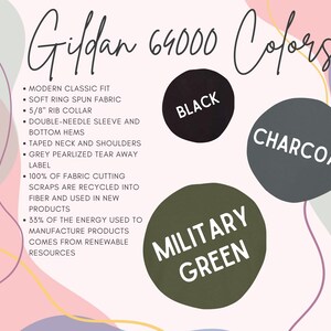 May include: Gildan 64000 Colours: A graphic showing the colour options for Gildan 64000 shirts. The colours are black, charcoal, and military green.
