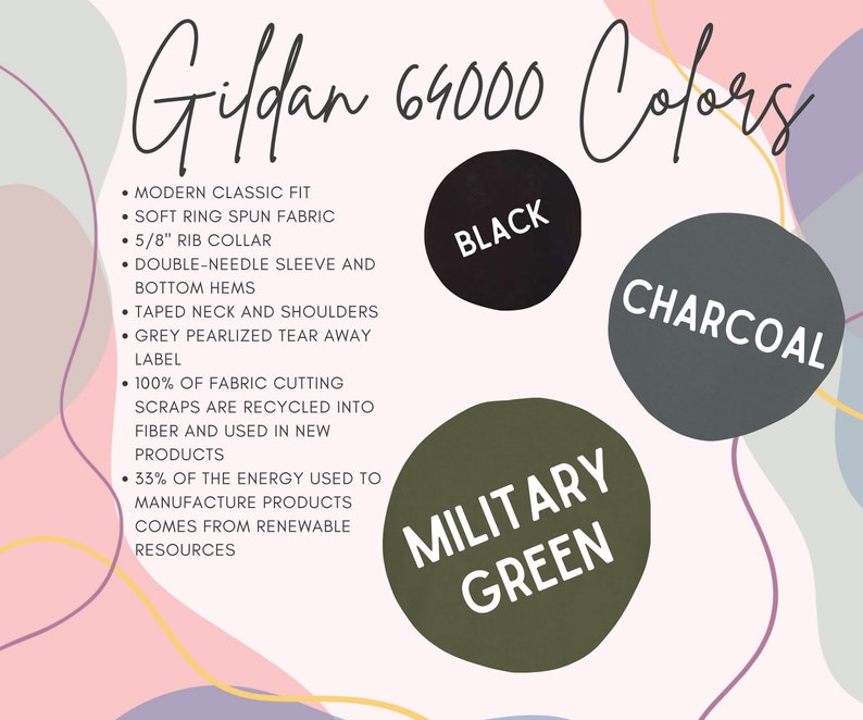 May include: Gildan 64000 Colours: A graphic showing the colour options for Gildan 64000 shirts. The colours are black, charcoal, and military green.