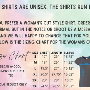 Op de afbeelding: Maattabel voor dameshemden, met de borst-, lengte- en mouwlengte in inches voor de maten S, M, L, XL, 2XL en 3XL. De tabel is getiteld "Gildan 64000L Women's Softstyle Tee" en "Special Request Only".