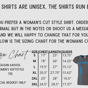 May include: Size chart for women's shirts, showing chest, length, and sleeve measurements in inches for sizes S, M, L, XL, 2XL, and 3XL. The chart is labeled "Gildan 64000L Women's Softstyle Tee" and "Special Request Only".