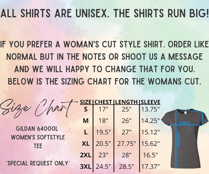 May include: Size chart for women's shirts, showing chest, length, and sleeve measurements in inches. The chart includes sizes S, M, L, XL, 2XL, and 3XL. The text "Gildan 64000L Women's Softstyle Tee" is also visible.