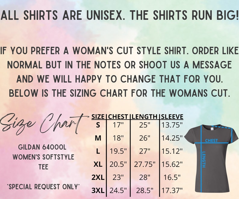 May include: Size chart for women's shirts, showing chest, length, and sleeve measurements in inches for sizes S, M, L, XL, 2XL, and 3XL. The chart is labeled "Gildan 64000L Women's Softstyle Tee" and "Special Request Only".