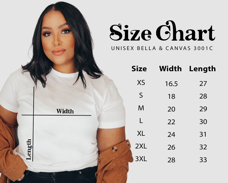 Puede incluir: Tabla de tallas para camisetas unisex Bella + Canvas 3001C. La tabla muestra el ancho y la longitud en cent&iacute;metros para las tallas XS a 3XL.