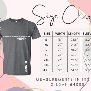 May include: Size chart for Gildan 64000 t-shirts, showing measurements in inches for width, length, and sleeve length for sizes S to 4XL.