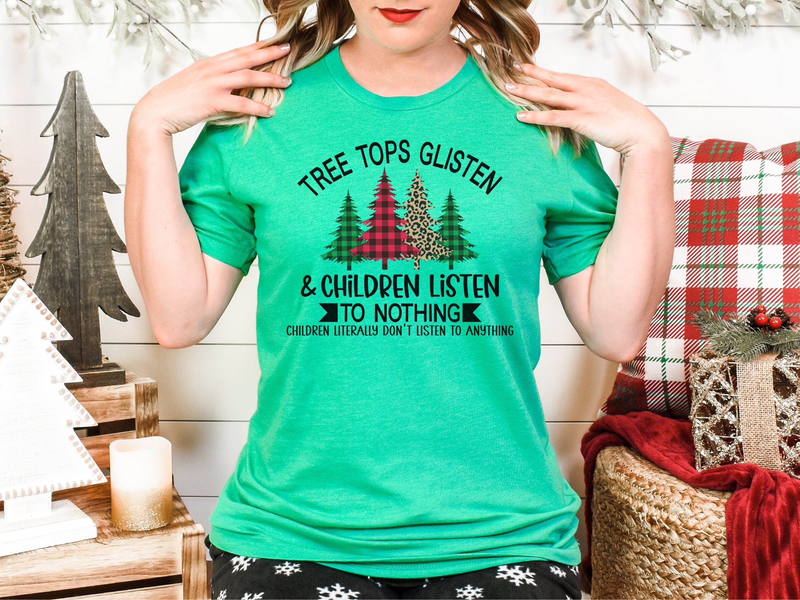 Funny Christmas T-Shirt For Women - Treetops Glisten Children Listen Bleached Tee, Red, Medium (Mom, Family Party)