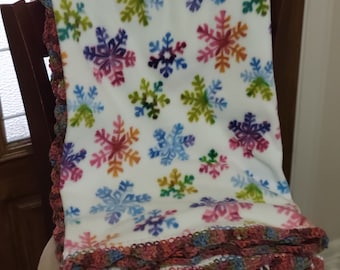 Fleece Blanket | Hand-Crochet Edging |  Multi-Colored Snowflake Pattern | Fleece Bedding