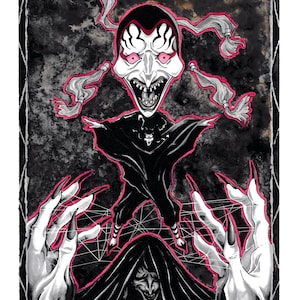 May include: Illustration featuring a menacing figure with a white face, red eyes, and long, sharp nails. The figure is dressed in black, with the text "YOU'RE NO MATCH FOR THE BARBAROI" at the top and bottom of the image. The artwork has a dark, gothic theme.