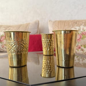 Set of 3 Vintage Moroccan Brass Cups – Traditional Tea or Coffee Tumblers – Handmade Brass Home Decor – Brass Tumbler Set & Brass Vases