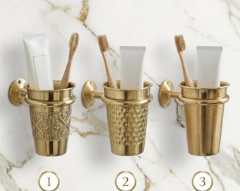 Unlacquered Brass Toothbrush Holder Wall Mount, Handmade Brass Cup Holder, Engraved Ribbed Hammered, Luxury Bathroom Organizer