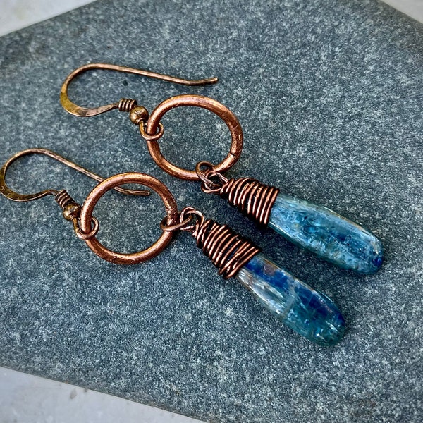 Natural Kyanite Earrings, Copper Earrings, Dangle Drop Earrings, Wire Wrapped Earrings, Boho Earrings, crystal earrings