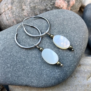 Mother of Pearl Sterling Earrings,  Hoop Earrings, Oxidized Sterling Silver Vintage Style Earrings, Gift