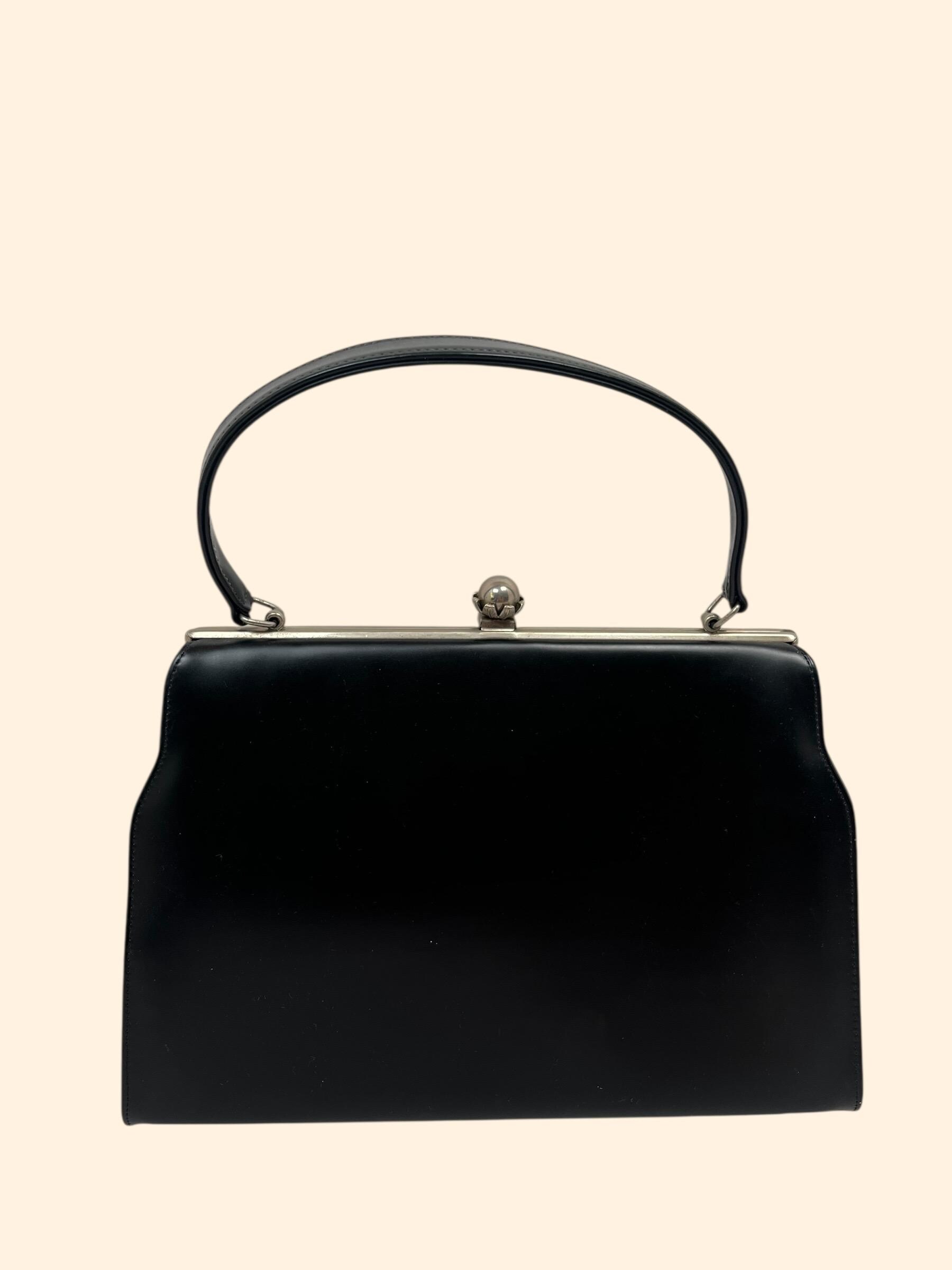 1960s Vintage Black Faux Leather Handbag Structured Frame Purse