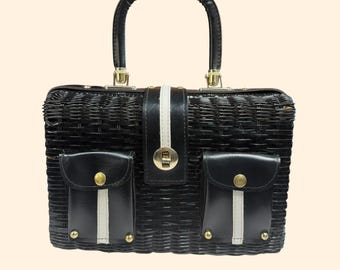 1960s vintage schwarz weiße wicker Handtasche honig kong strukturierte mod Handtasche Top Griff Box Tasche
