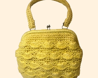 Bolsa vintage amarela trançada dos anos 1960, fabricada no Japão, estilo meados do século XX.