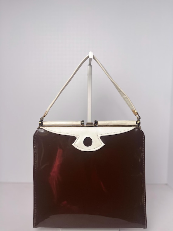 1960s brown white vintage top handle handbag mid century purse