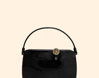 1960s Vintage Black Patent Leather Handbag Gold Filigree Clasp Structured Top Handle Purse