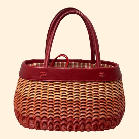 1950s 1960s Isabella Fiore Vintage Red Leather Wicker Handbag