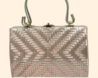 1960s Vintage Beige pinkish Taupe Woven Box Handbag Mod Mid Century Formal Top Handle Hong Kong Purse